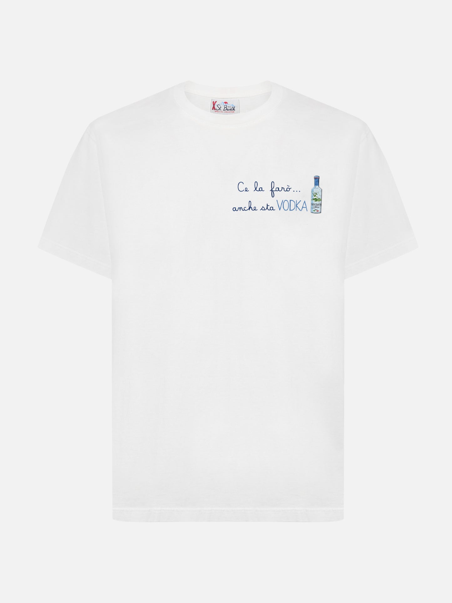 Arnott cotton T-shirt in white with Ce la farò anche sta Vodka embroidery