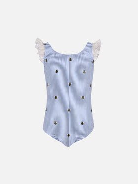 Girl seersucker cotton one piece swimsuit Tilda with ruffled straps - MC2 Saint Barth