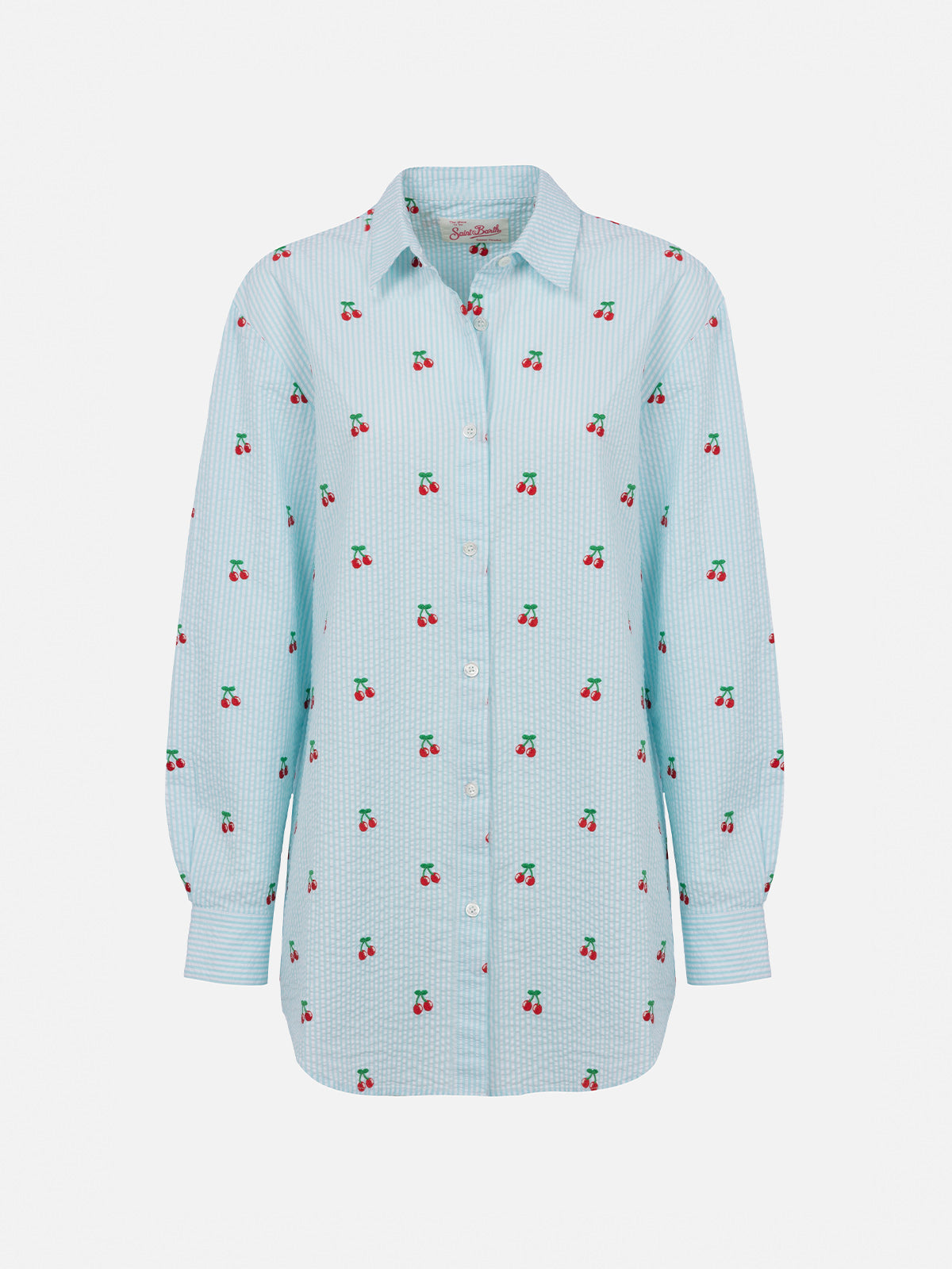 Damen-Seersucker-Baumwollhemd Brigitte mit Kirsch-Patches