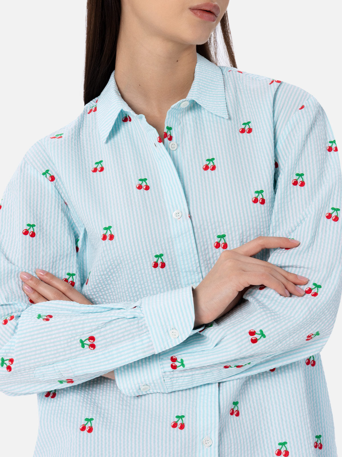 Damen-Seersucker-Baumwollhemd Brigitte mit Kirsch-Patches