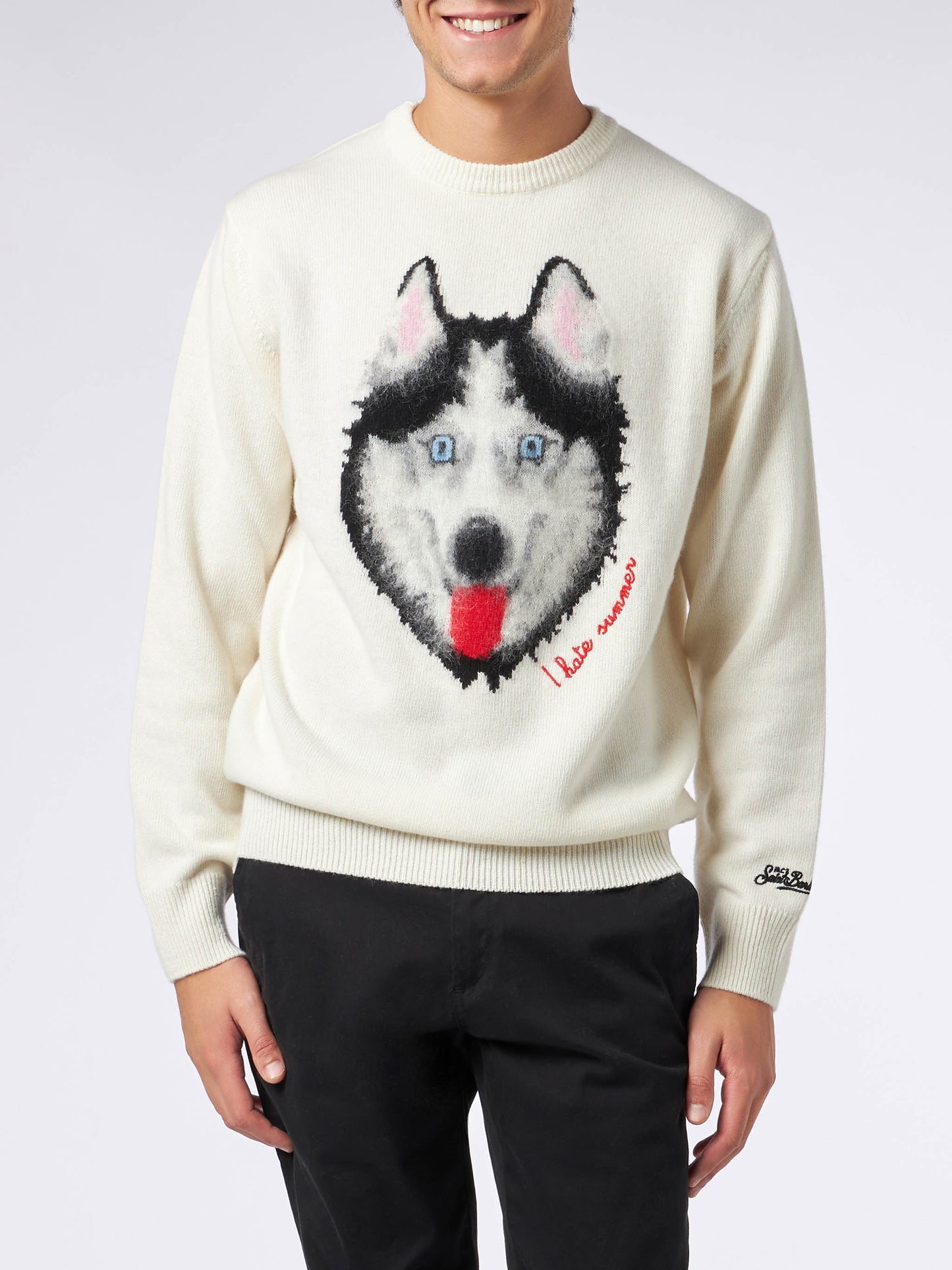 Man sweater with wolf print and I hate summer embroidery - MC2 Saint Barth