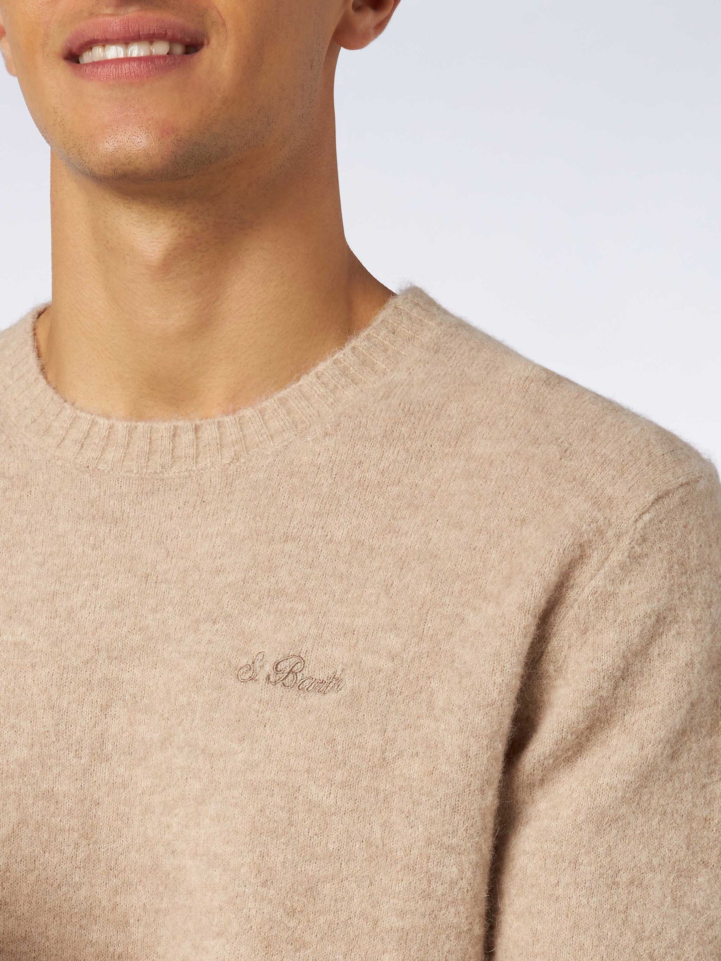 Beiger Stretch-Alpakapullover für Herren mit St. Barth-Stickerei
