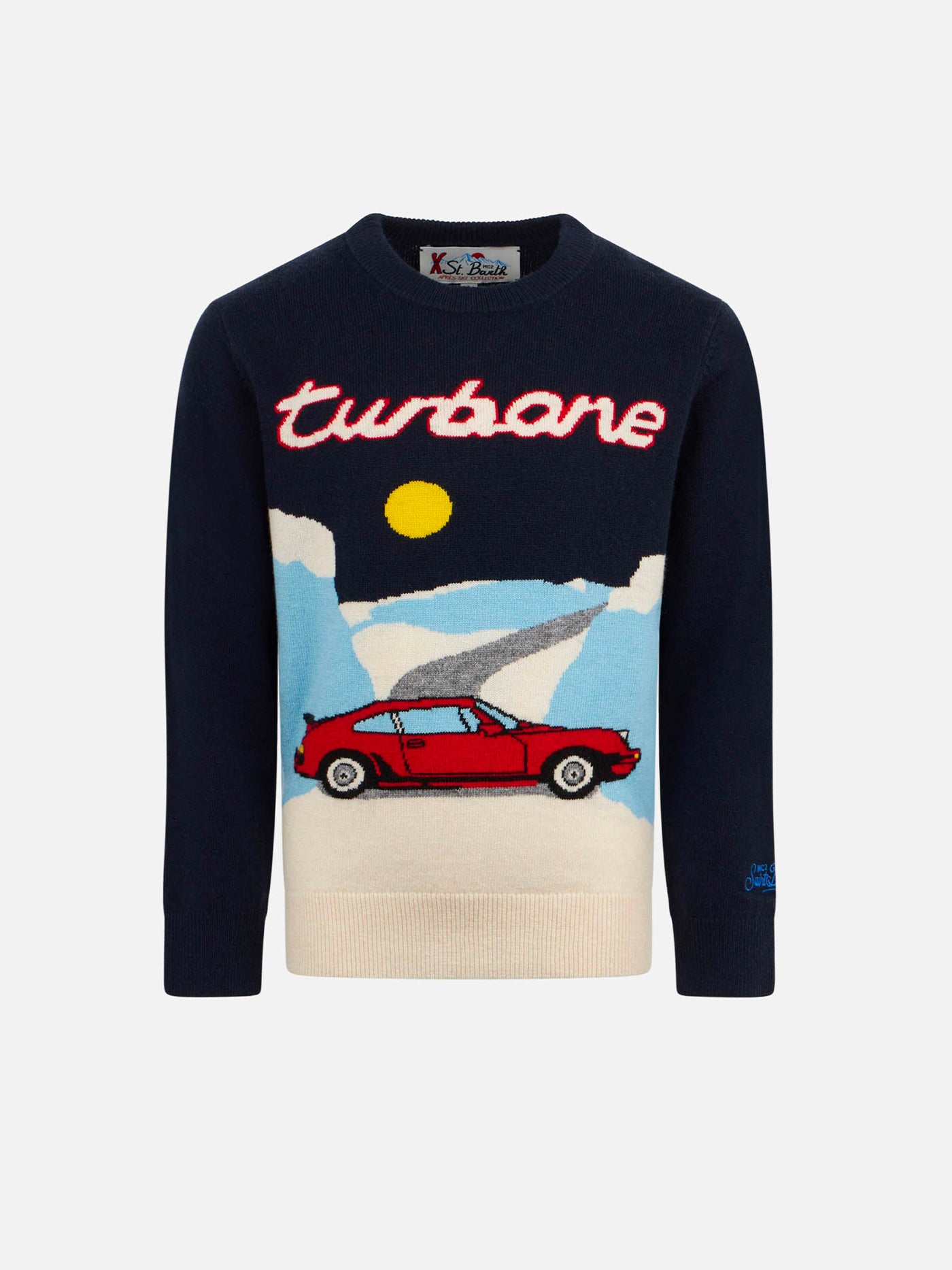 Maglione da bambino girocollo con stampa jacquard di automobili
