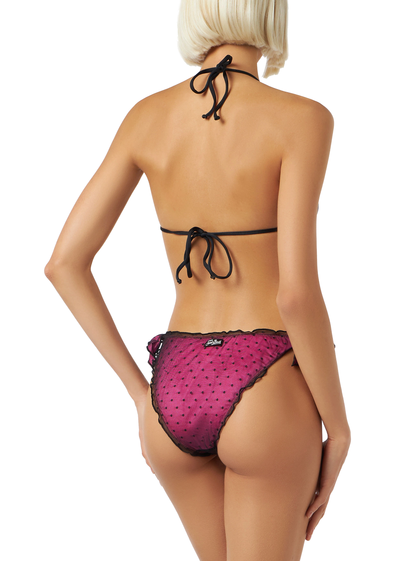Bikini fucsia lucido con tulle nero a pois