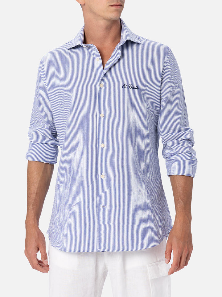 Man seersucker cotton shirt Pamplona with bluette stripes - MC2 Saint Barth