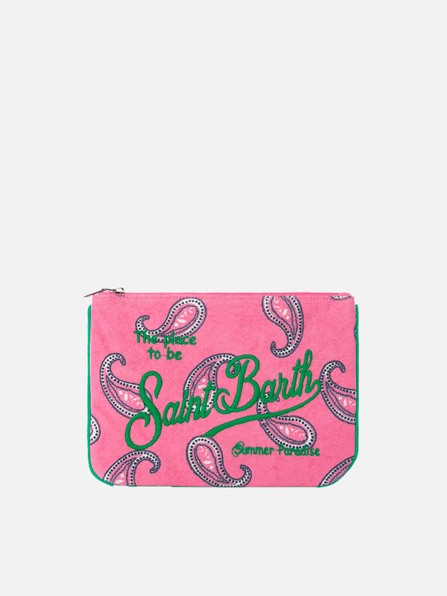 Parisienne paisley terry pochette with Saint Barth embroidery