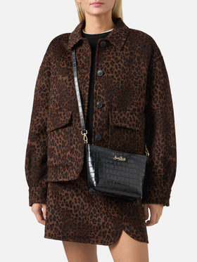 Borsa a spalla Aline Bag in pelle stampa cocco nera