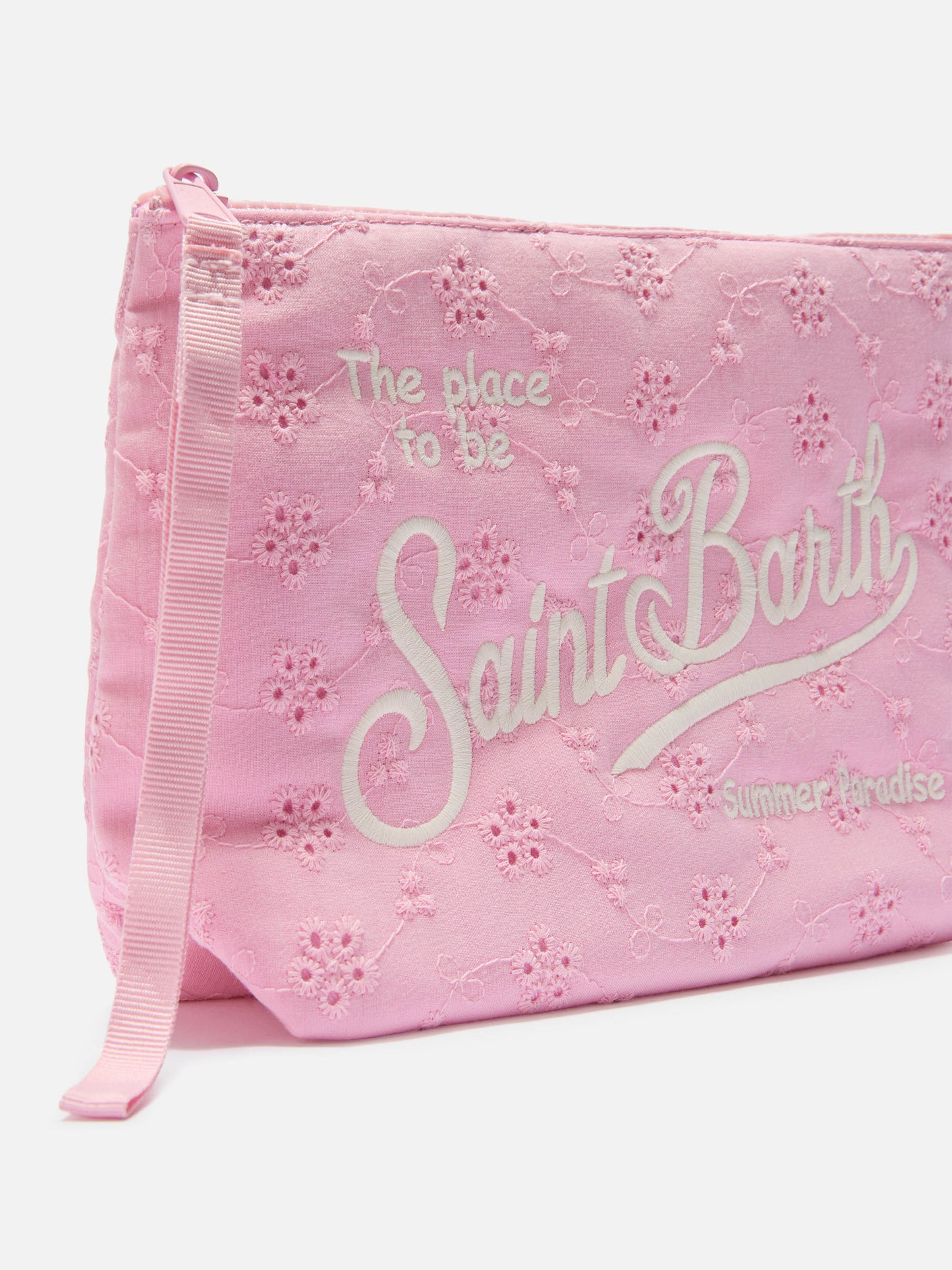 Pochette en coton broderie anglaise rose Aline