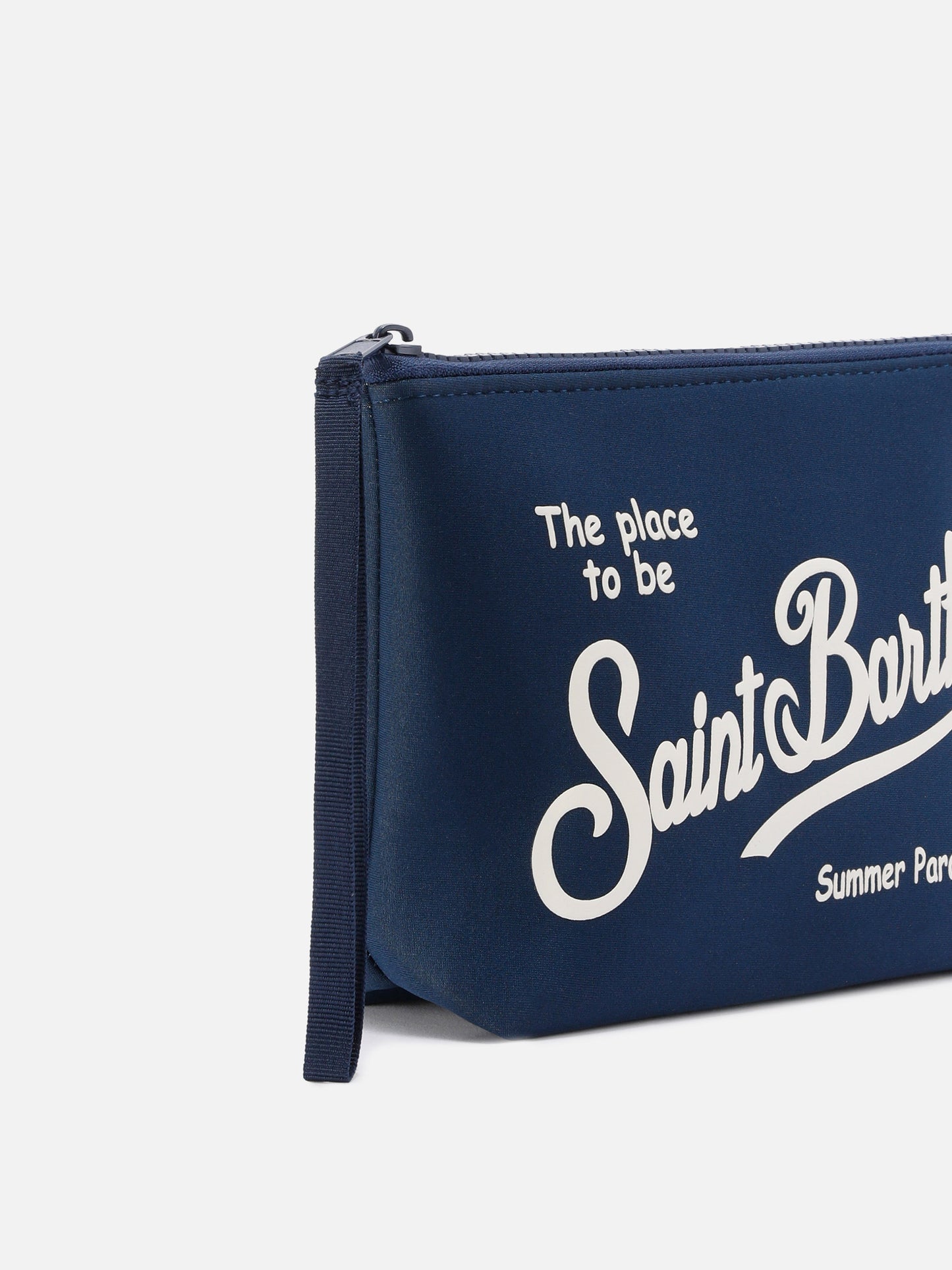 Aline scuba pouch in navy blue with printed logo
