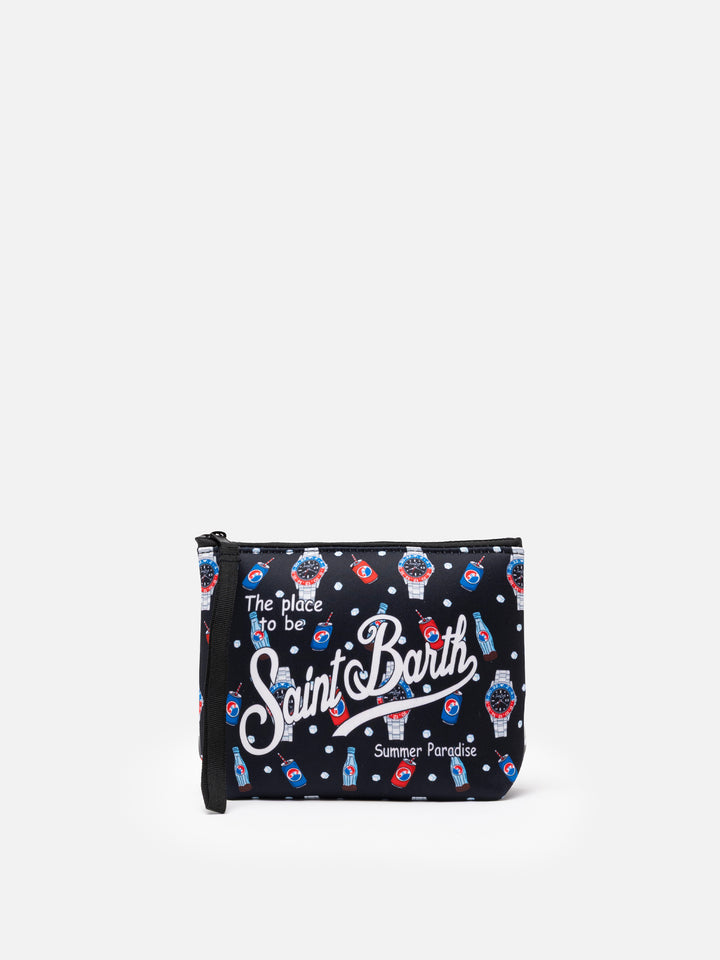 Aline Scuba-Pochette mit Uhren- und Getränke-Print