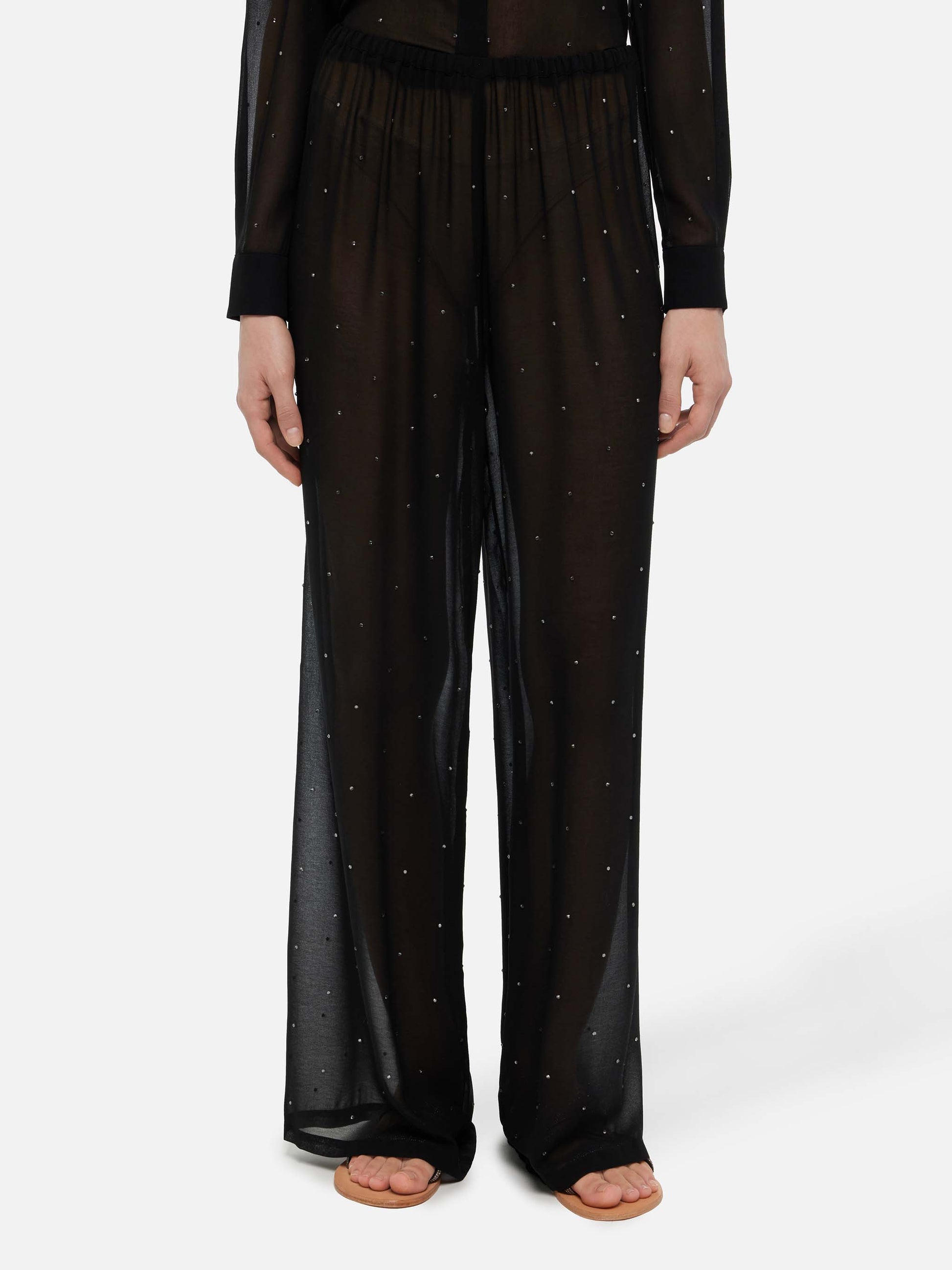 Amalia black wide-leg georgette trousers with rhinestone embellishment - MC2 Saint Barth