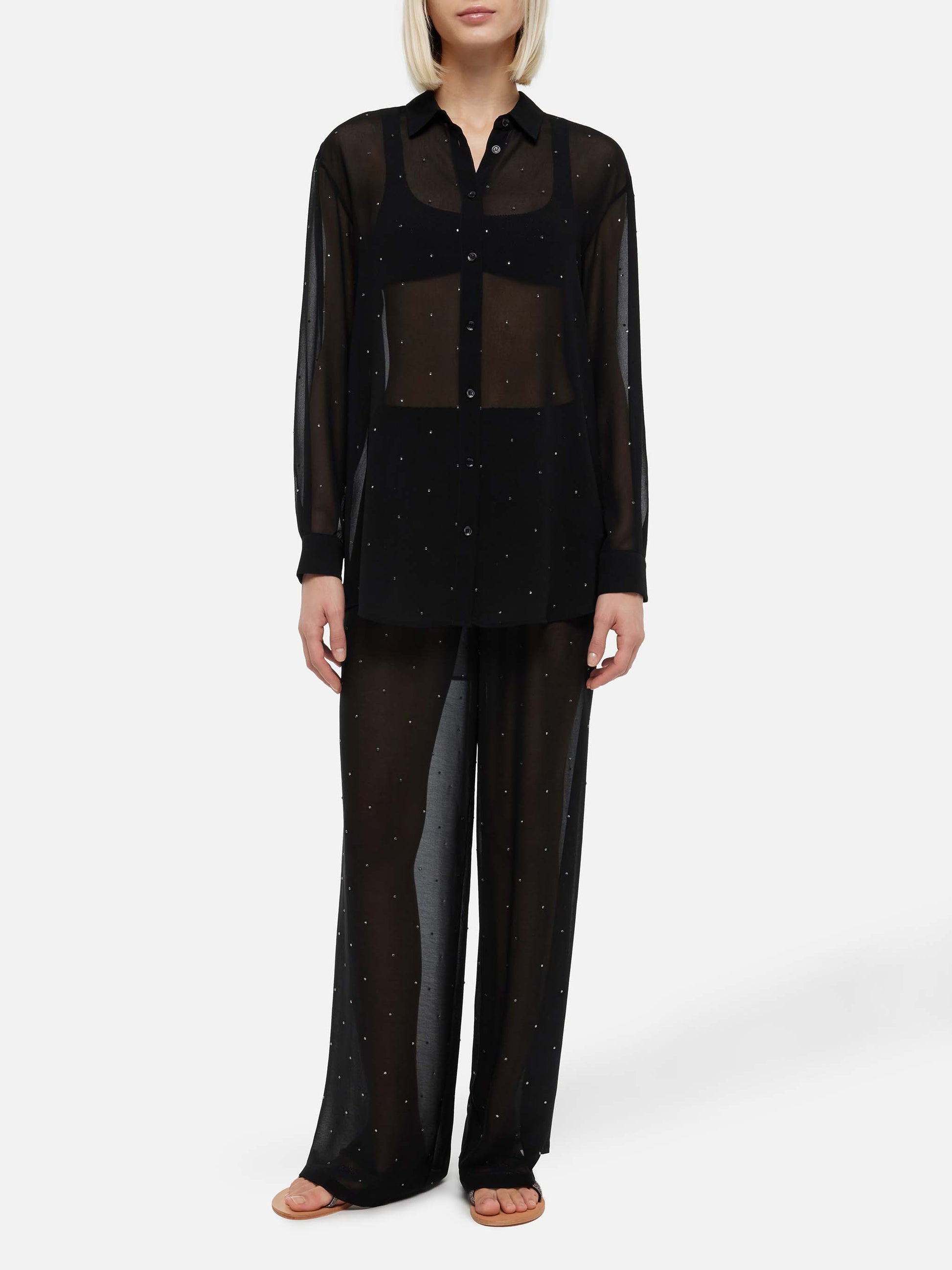 Amalia black wide-leg georgette trousers with rhinestone embellishment - MC2 Saint Barth
