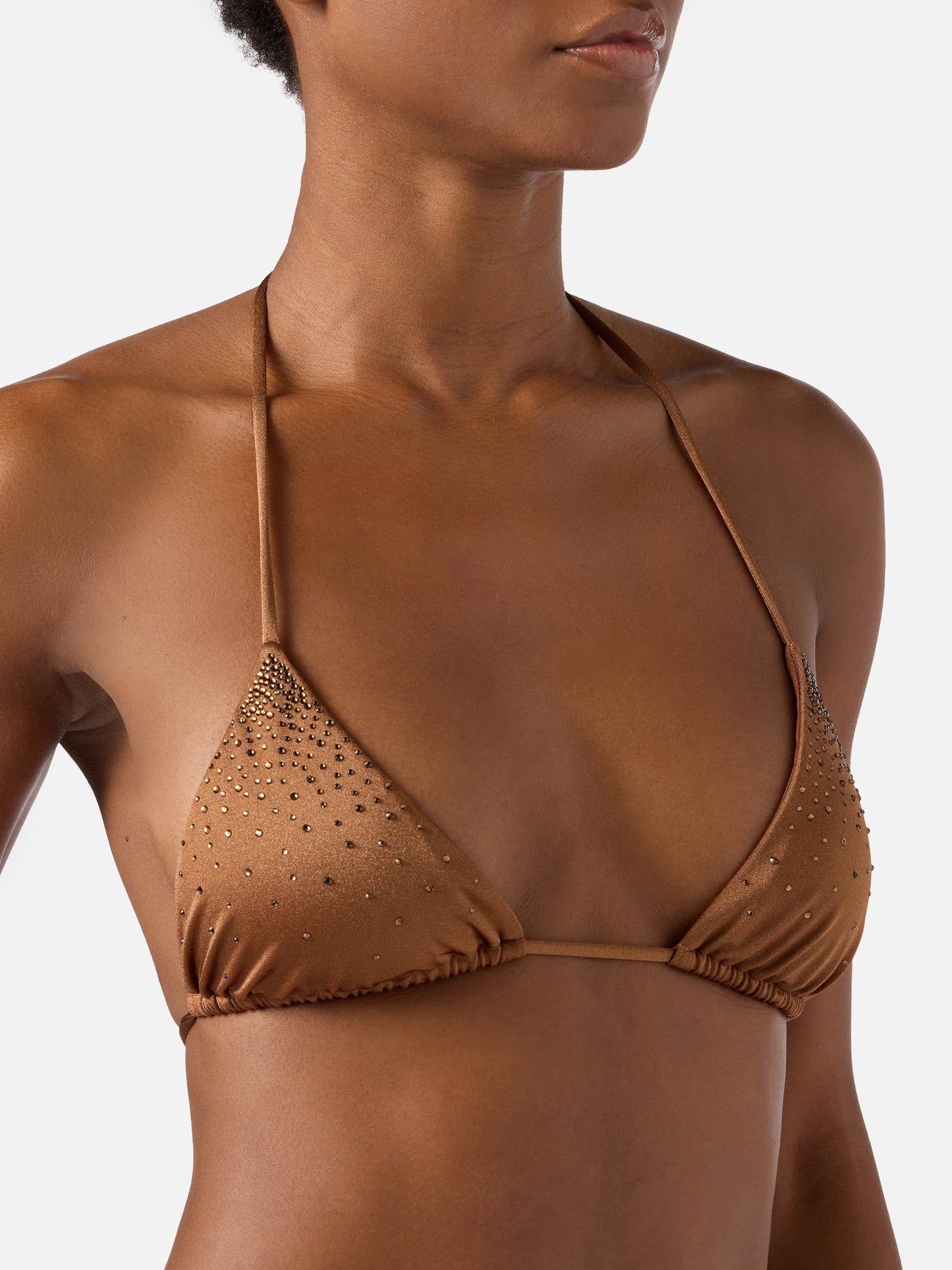 Top bikini Annabelle triangolo marrone con dettagli strass applicati