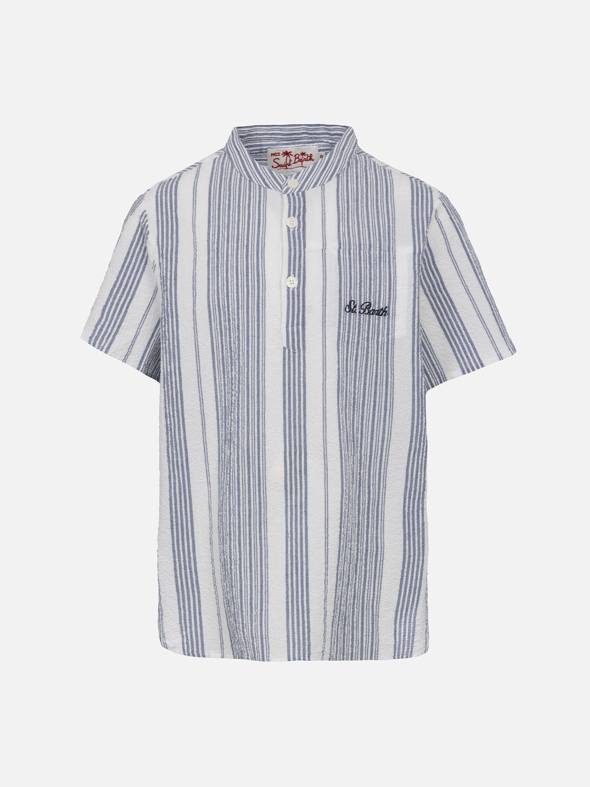 Camicia da bambino in seersucker a maniche corte con stampa a righe