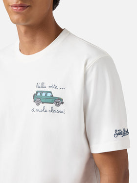 Arnott cotton T-shirt in white with car and Nella vita ci vuole classe embroidery