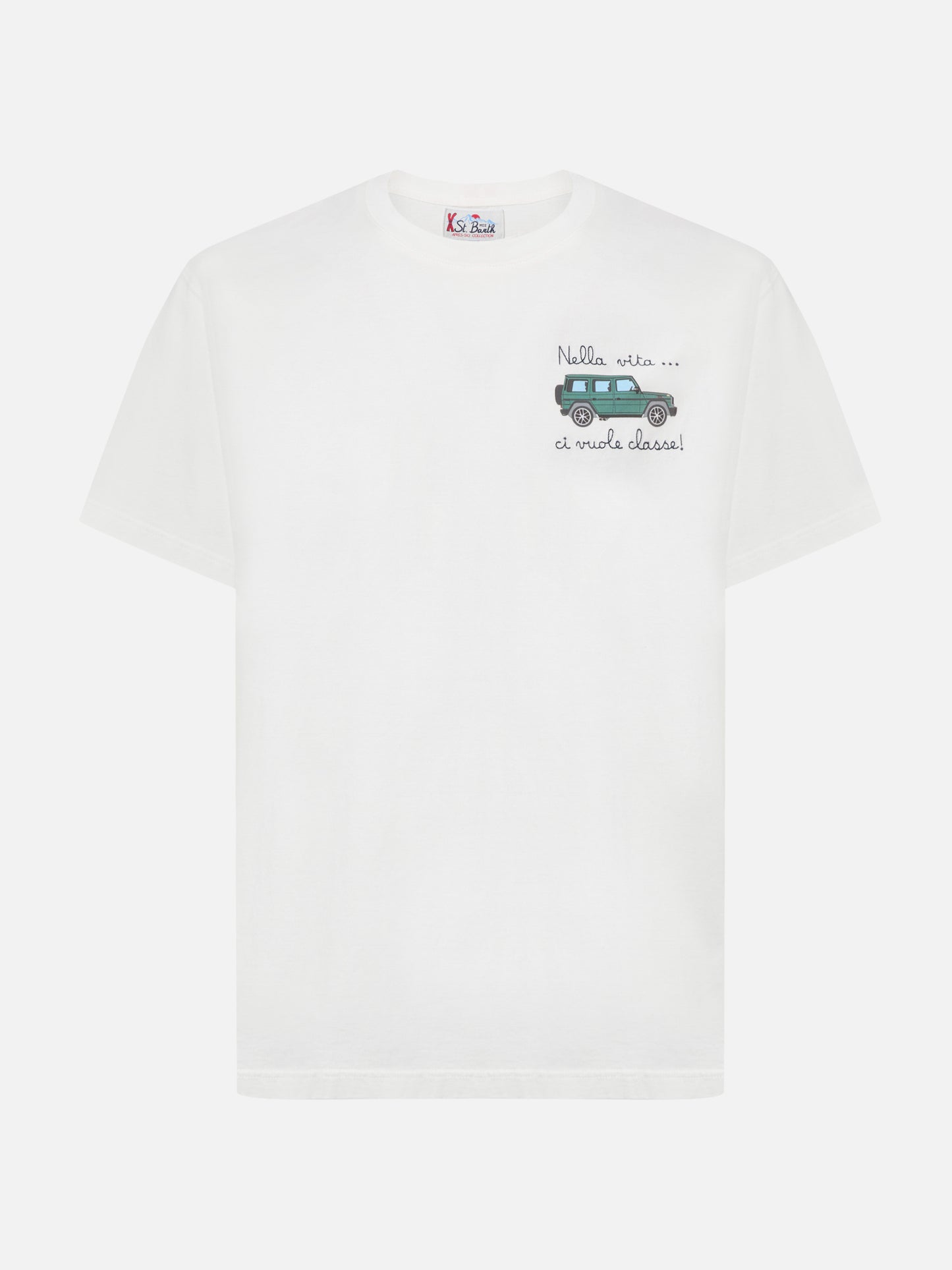 Arnott cotton T-shirt in white with car and Nella vita ci vuole classe embroidery