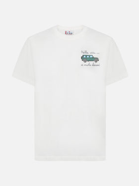 Arnott cotton T-shirt in white with car and Nella vita ci vuole classe embroidery
