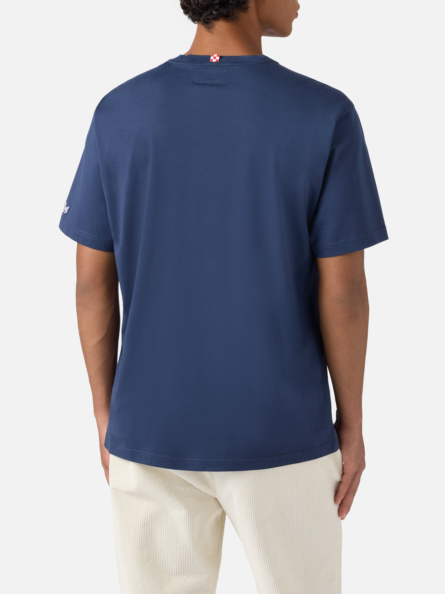 Arnott cotton T-shirt in blue with Sotto il Piumone sono un Leone embroidery