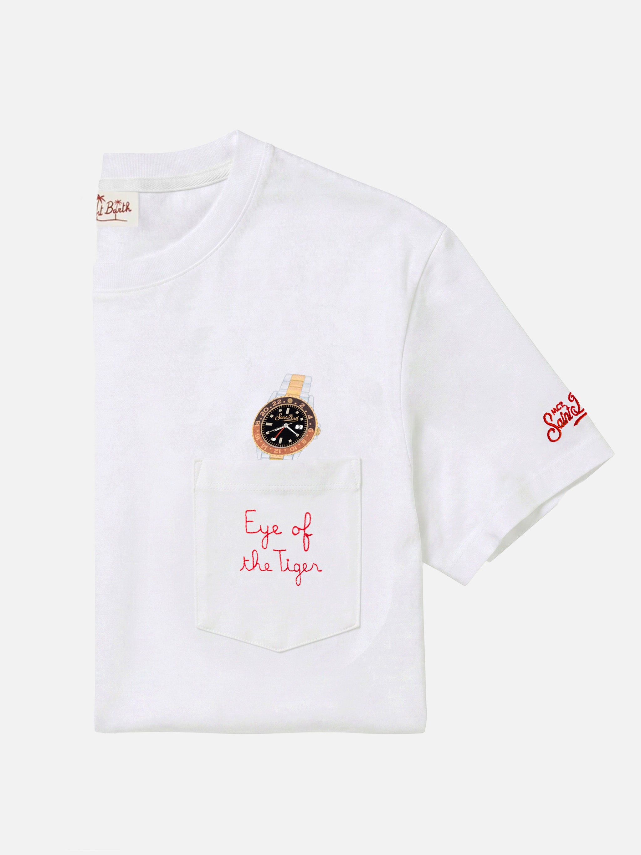 White Austin t-shirt with watch and Eye Of The Tiger embroidery