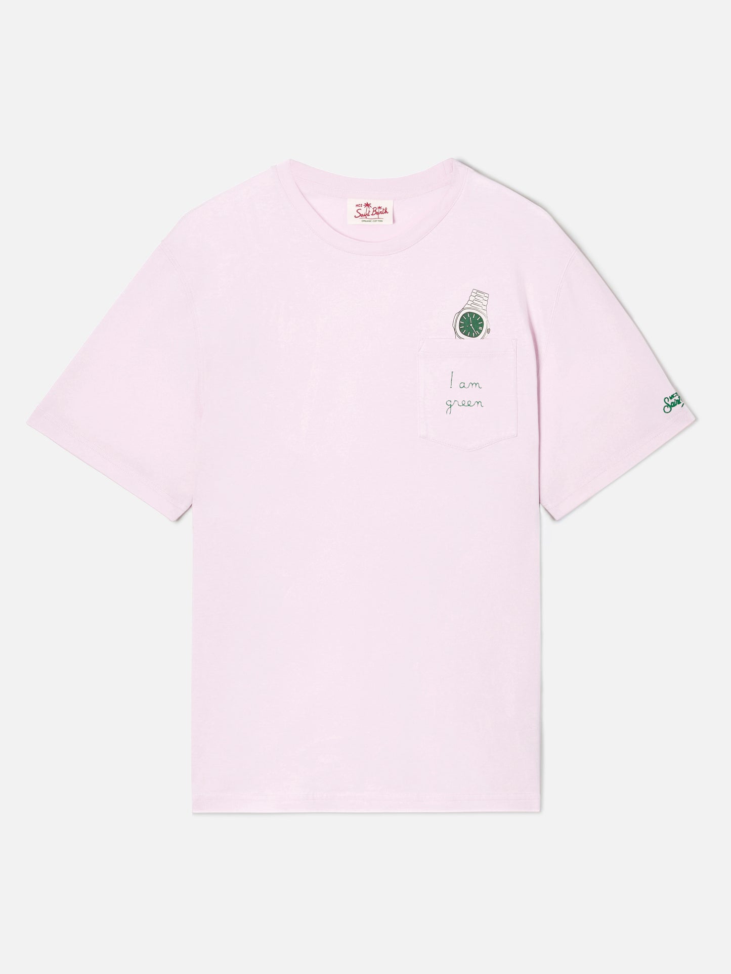 Rosa Austin T-Shirt mit Uhr und I Am Green-Stickerei