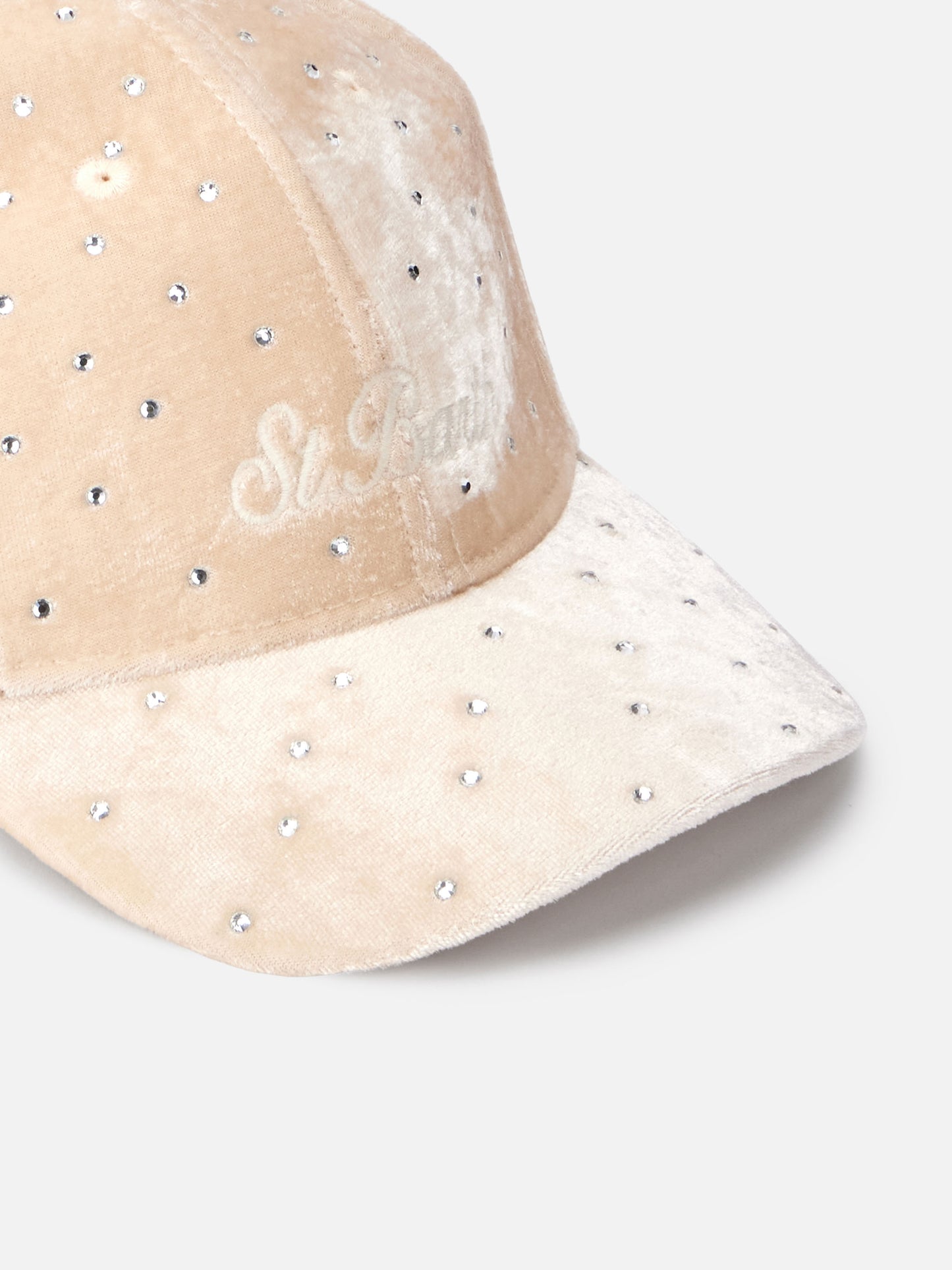 Beiges Samt-Baseball-Cap mit Strass-Verzierung