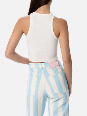Woman rib-knit cotton crop tank with Saint Barth Beach Club embroidery - MC2 Saint Barth