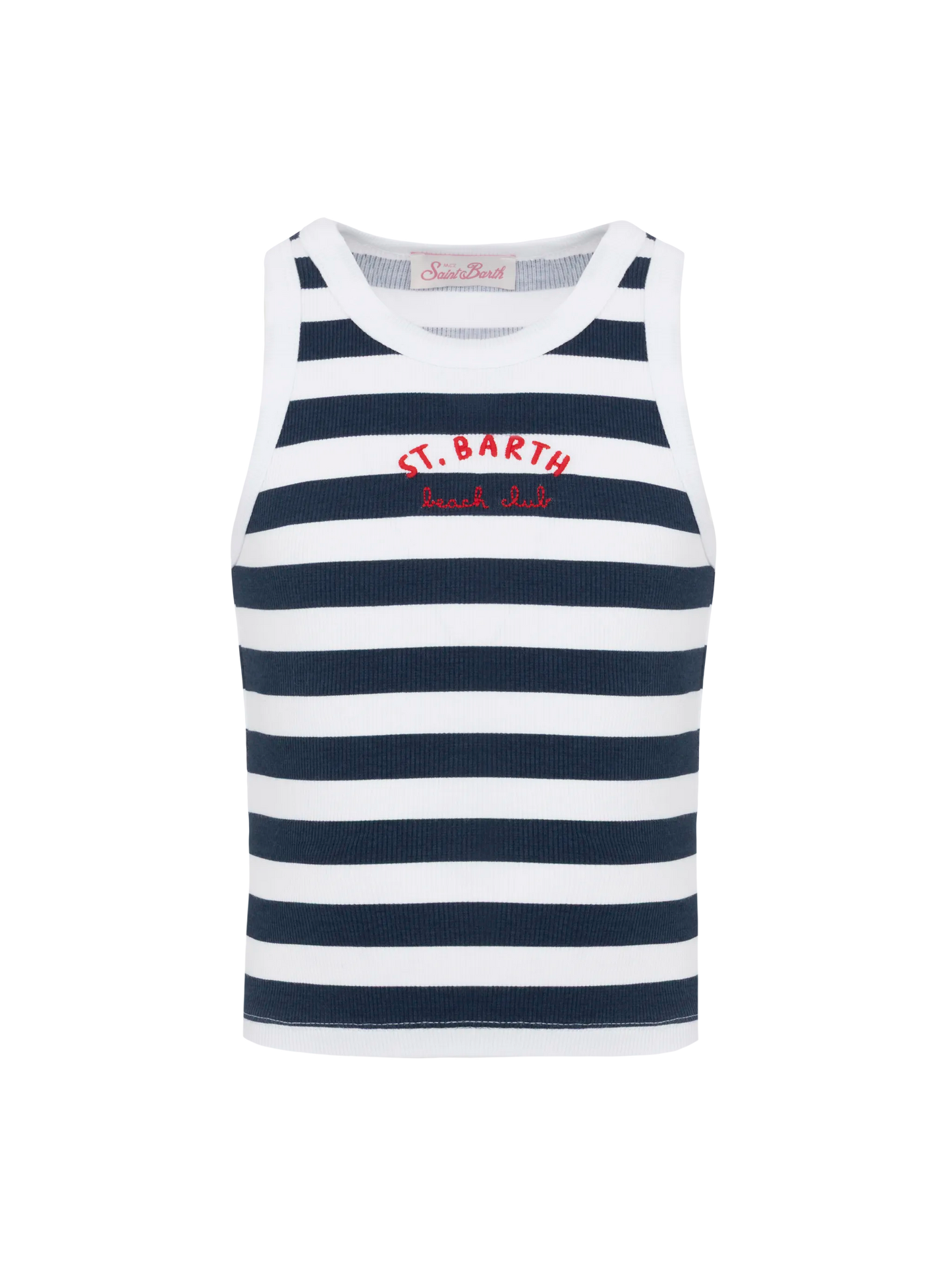 Blue Jr navy blue striped rib-knit cotton crop tank with embroidery - MC2 Saint Barth