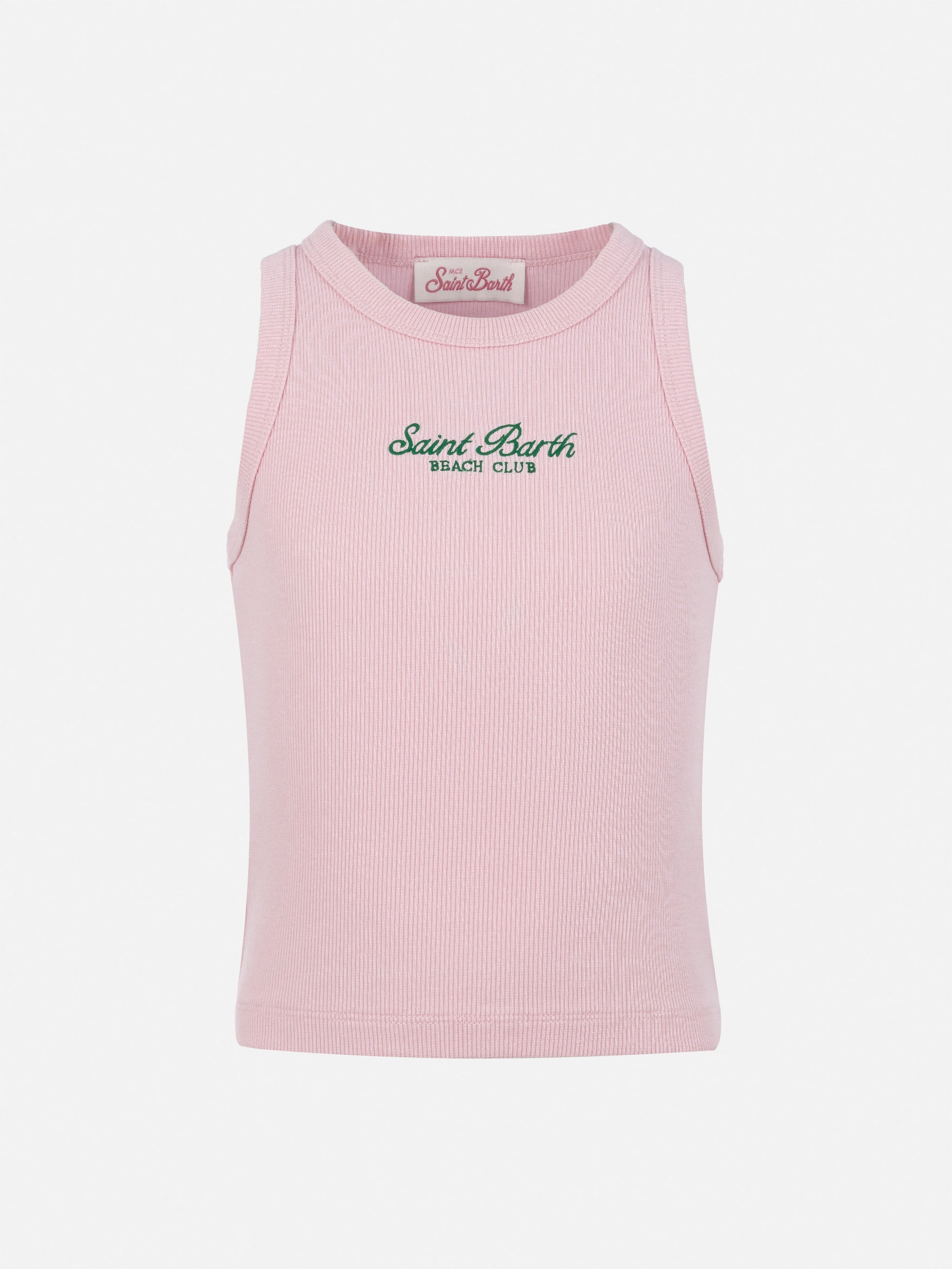 Blue Jr pink rib-knit cotton crop tank with embroidery - MC2 Saint Barth