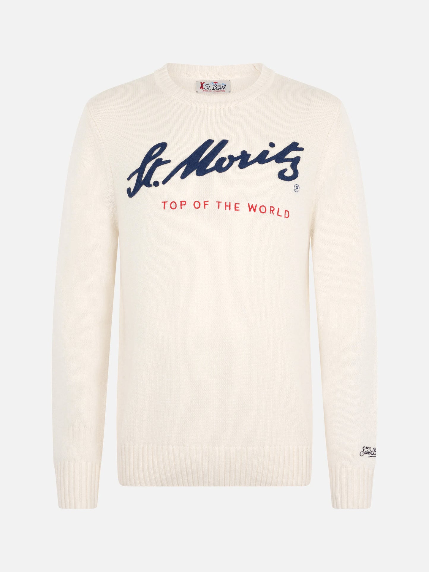 Maglione bianco da uomo Bombardino con stampa St. Moritz Top of the World | ST. MORITZ TOP OF THE WORLD SPECIAL EDITION