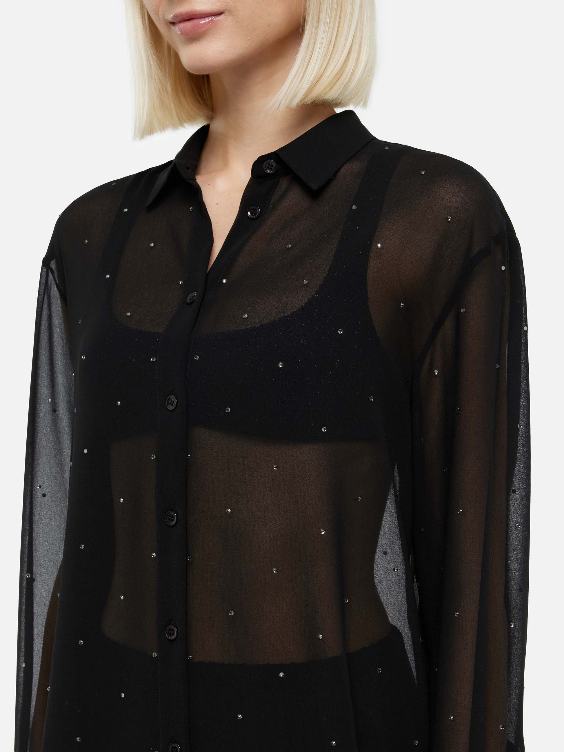 Brigitte black georgette shirt with rhinestone embellishments - MC2 Saint Barth