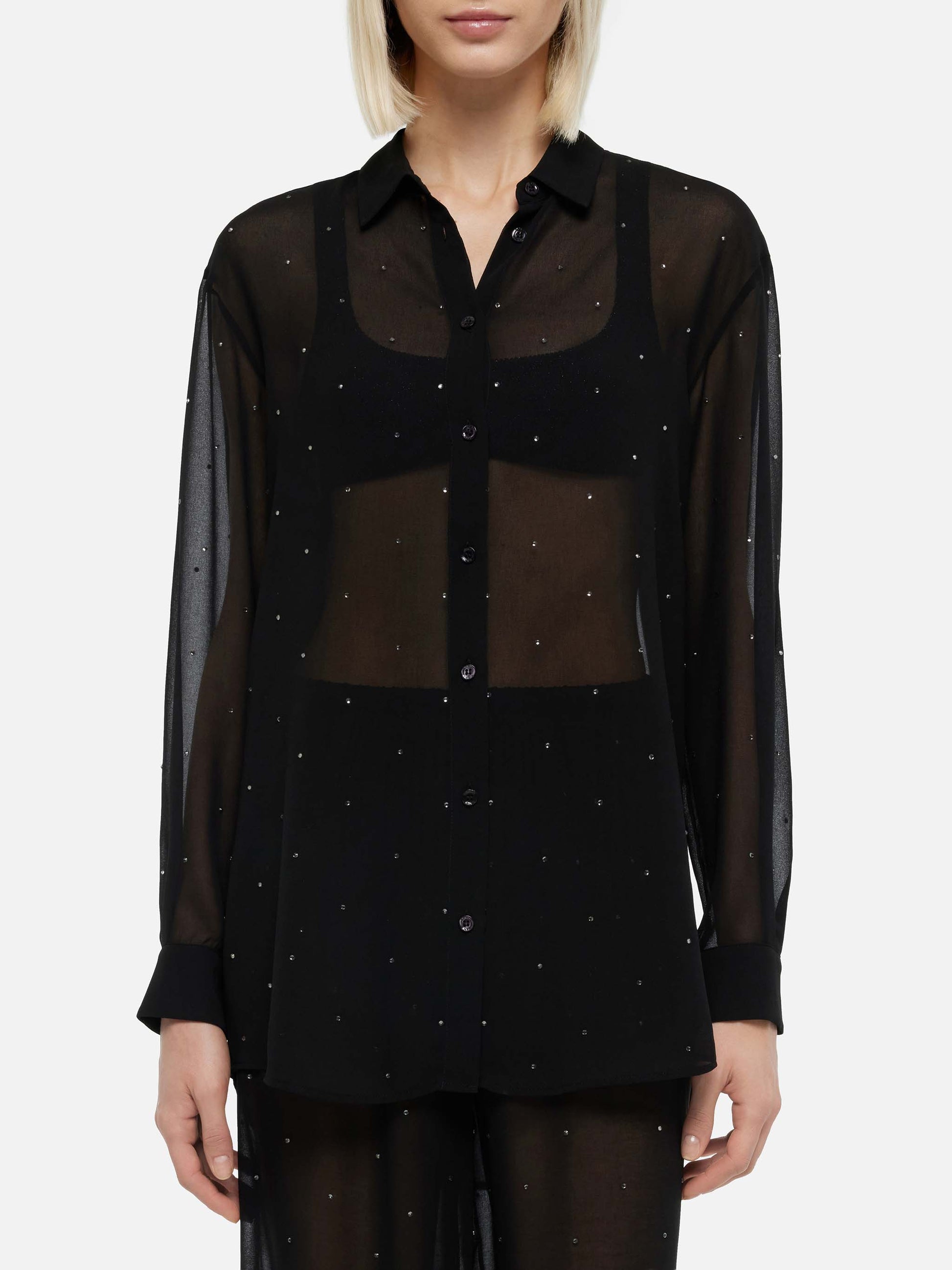 Brigitte black georgette shirt with rhinestone embellishments - MC2 Saint Barth