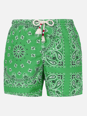 Man swim shorts with green bandanna print
