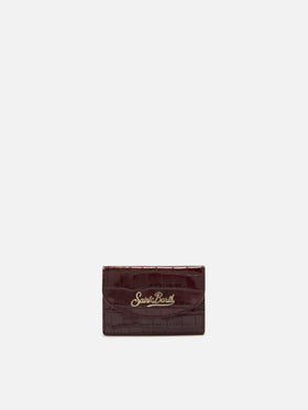 Card Holder in crocodile-print bordeaux leather