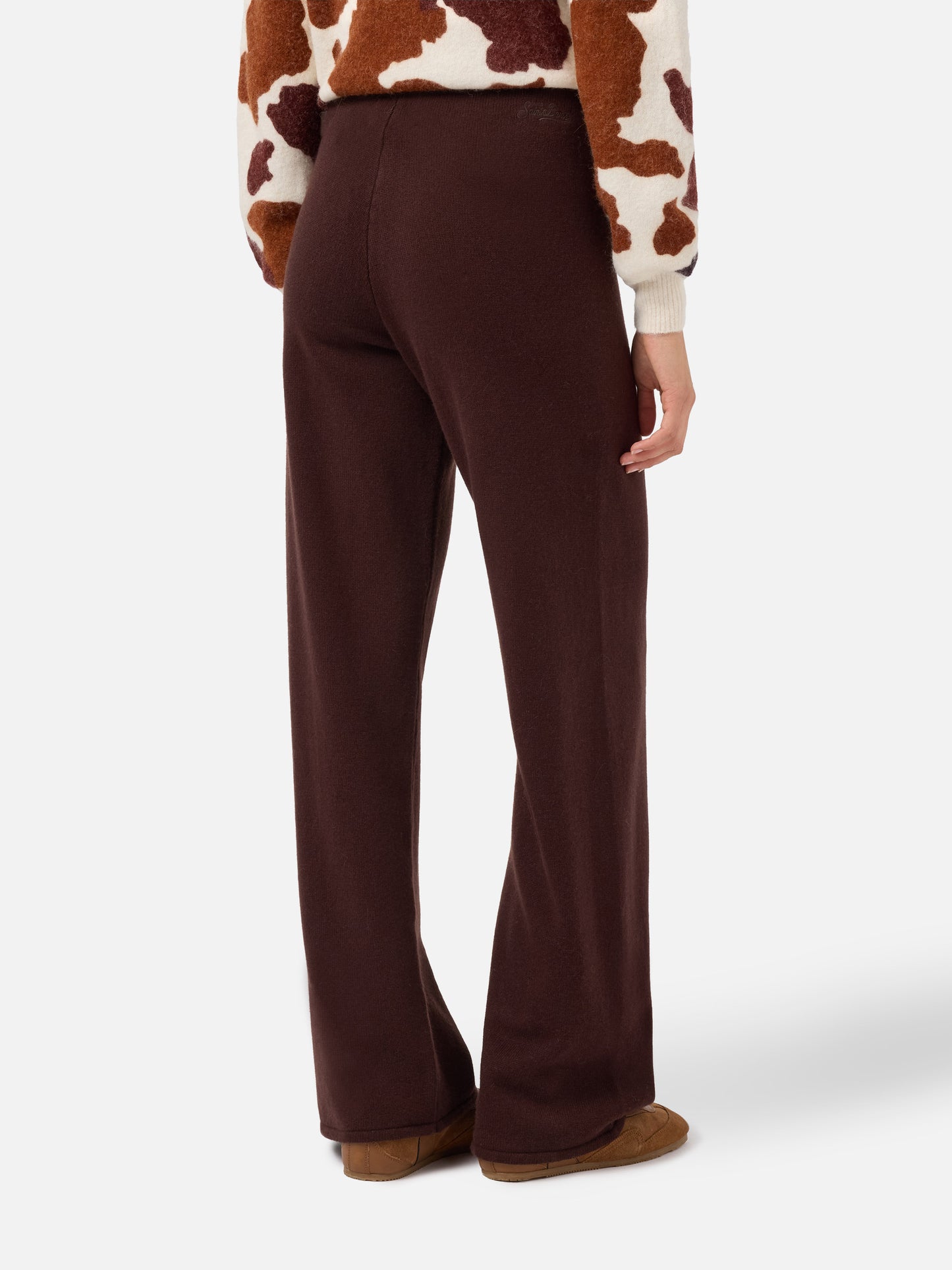 Cambon palazzo trousers in pure wool brown high waist with drawstring