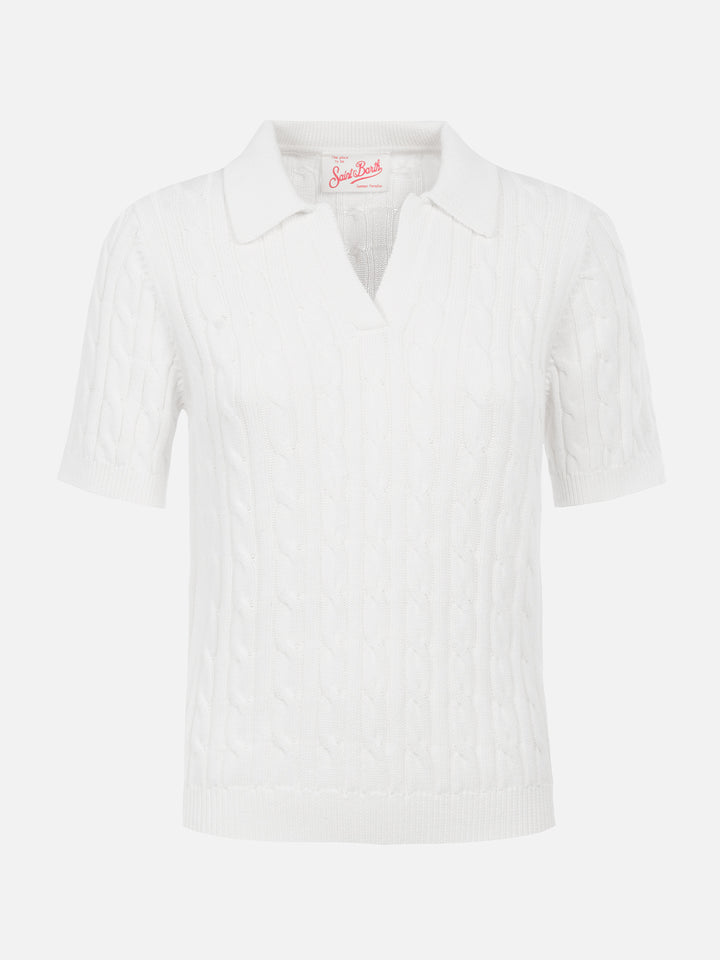 Woman off-white cable knit-polo shirt Caddy - MC2 Saint Barth