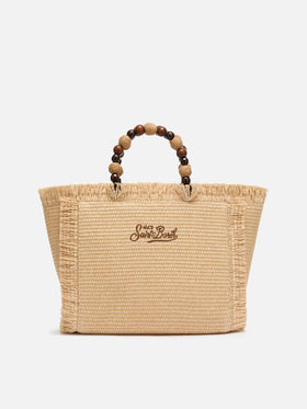 Colette Straw effect handbag with wooden beads and logo embroidery