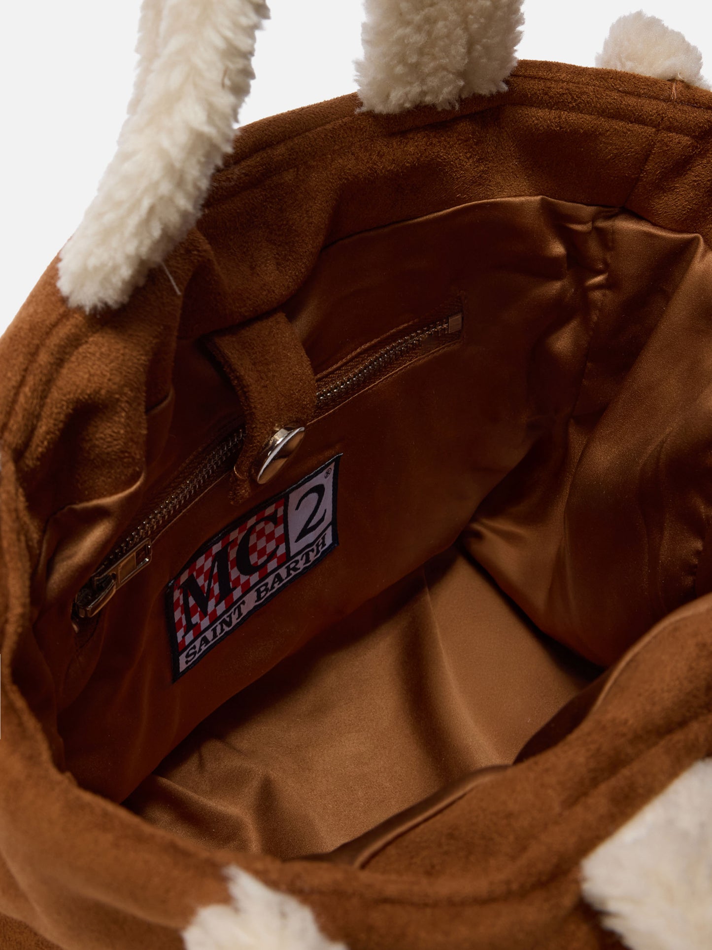 Borsa a mano Colette Shearling faux suede cammello con dettagli in shearling