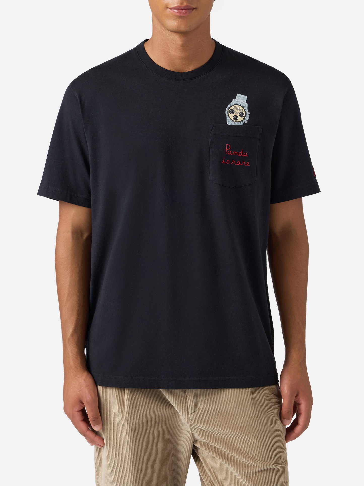 Connor cotton T-shirt in black with Panda is rare pocket embroidery