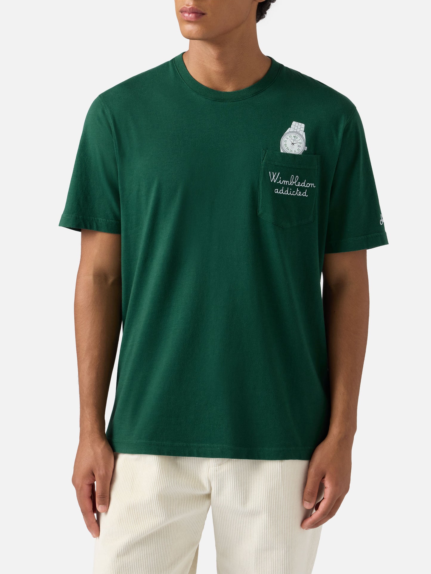 T-shirt Connor in cotone verde con ricamo sul taschino Wimbledon addicted