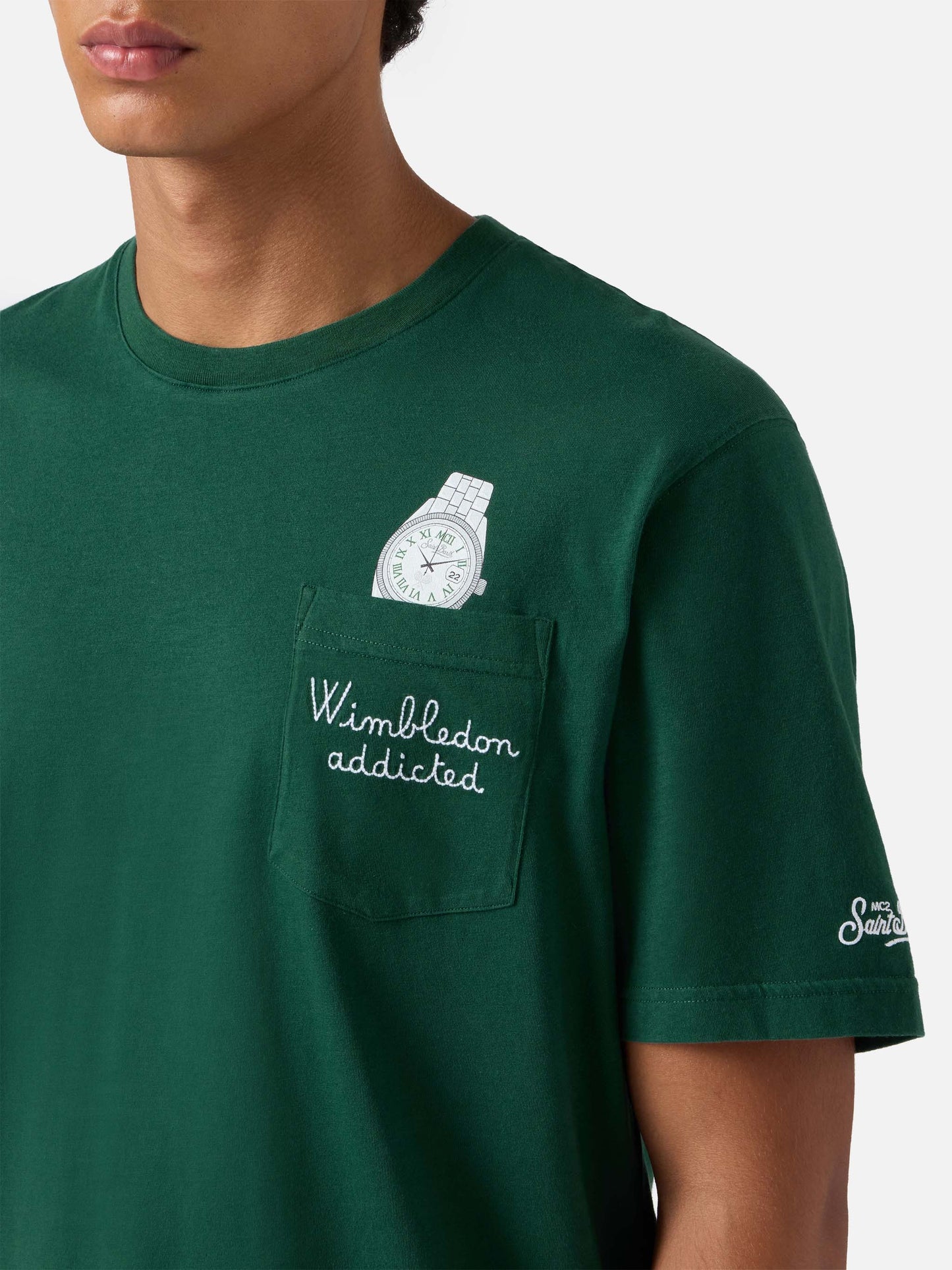 T-shirt Connor in cotone verde con ricamo sul taschino Wimbledon addicted