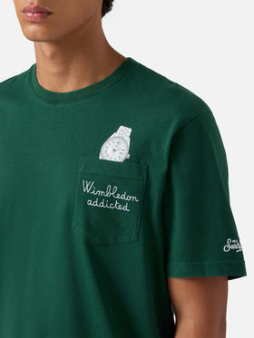 T-shirt Connor in cotone verde con ricamo sul taschino Wimbledon addicted