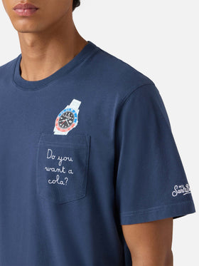 Connor cotton T-shirt in blue with Do you want a cola? pocket embroidery