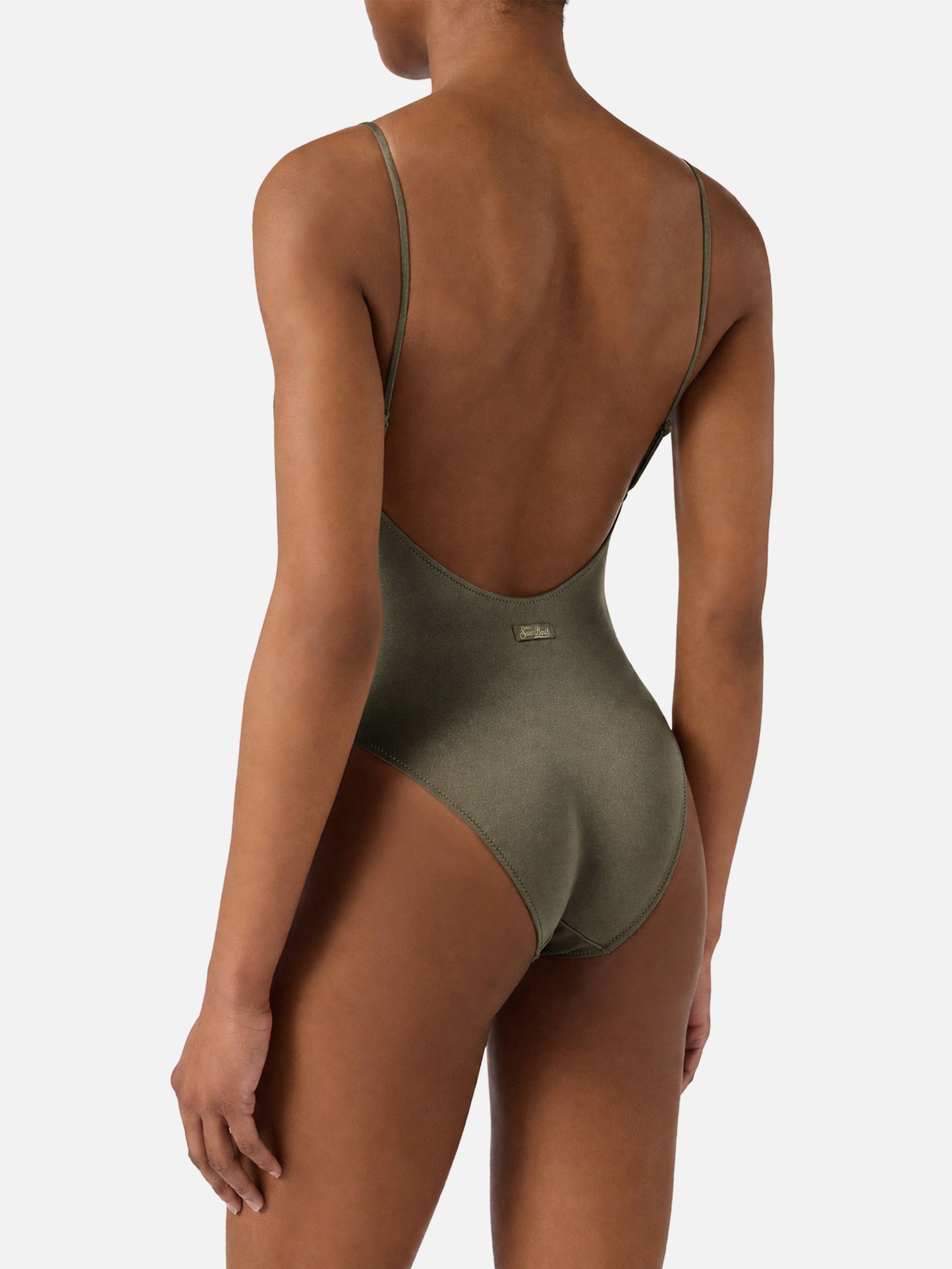 Crunchy one-piece swimsuit in military green glossy finish with charms