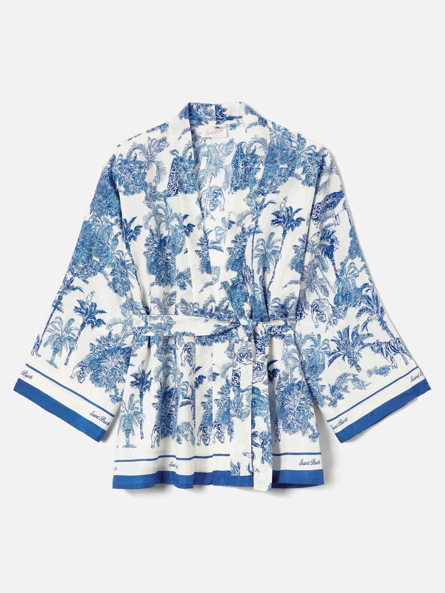 Short Carly kimono in silk with toile de Jouy print
