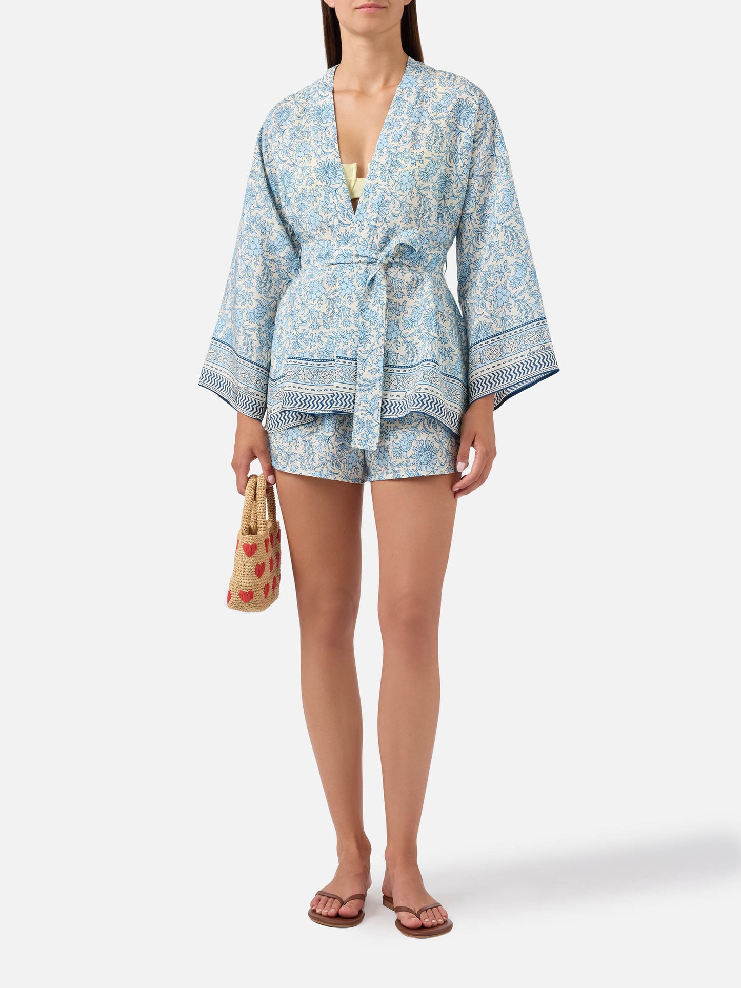 Kurzer Carly-Kimono aus Seide mit floralem Batik-Print
