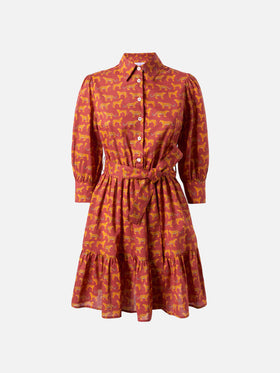 Abito corto in cotone stampa animalier con ricami