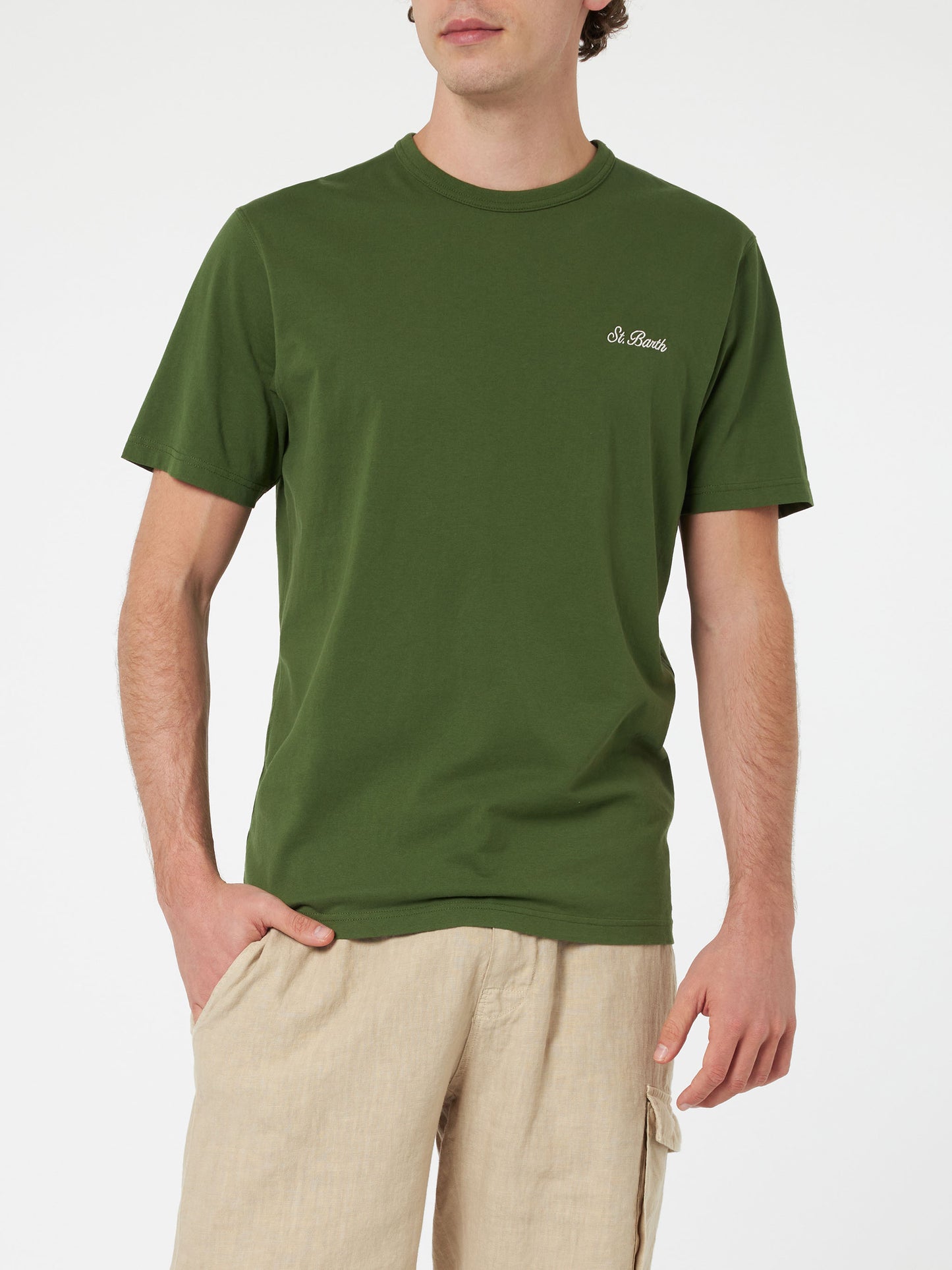 Man military green cotton jersey t-shirt Dover with St. Barth embroidery - MC2 Saint Barth