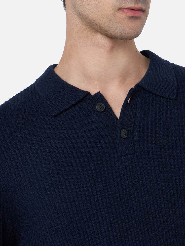 Man navy blue cashmere blend ribbed sweater Downing with buttoned collar - MC2 Saint Barth