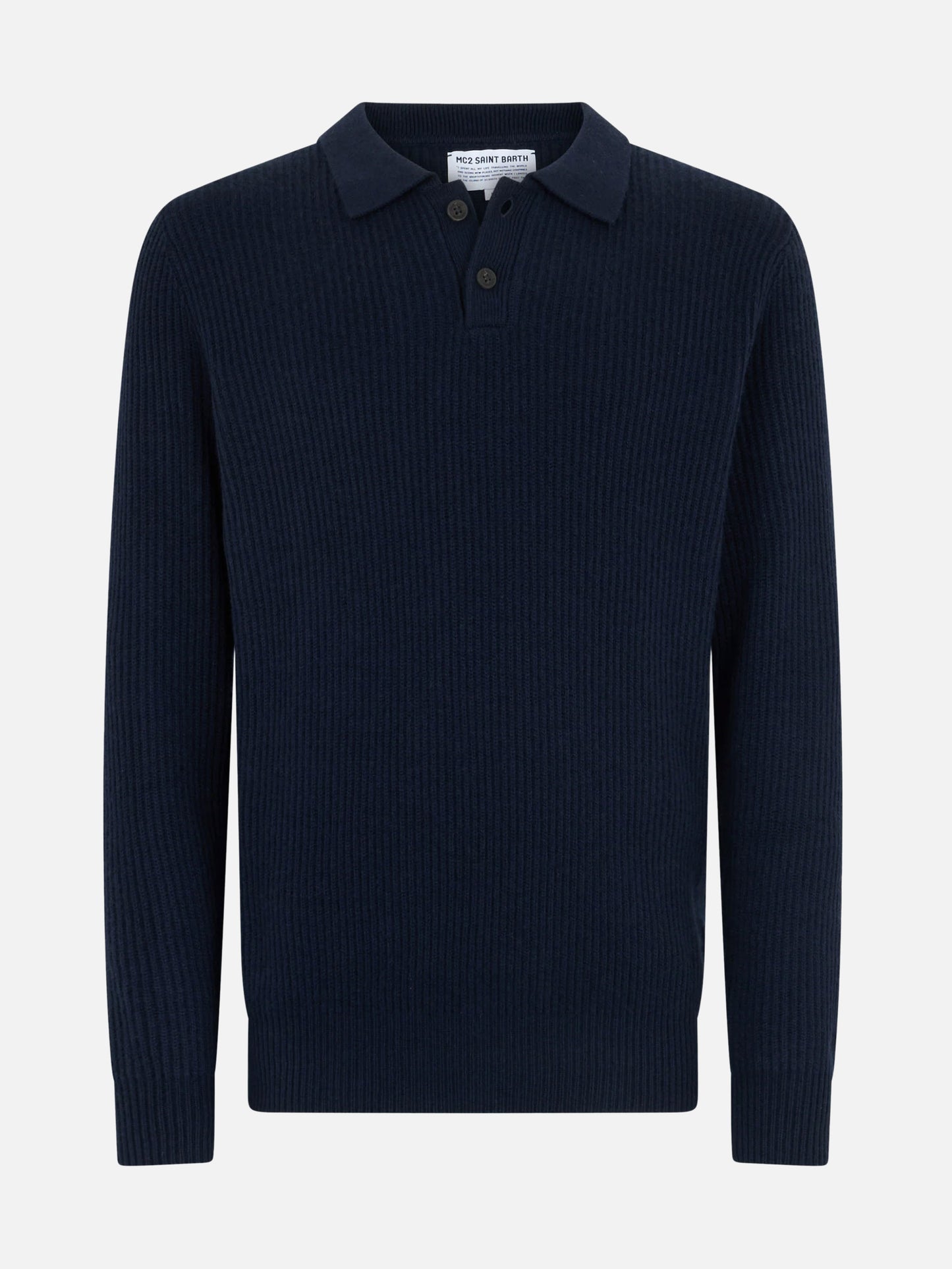 Navy blue ribbed sweater Downing in BLENDED CASHMERE with buttoned collar