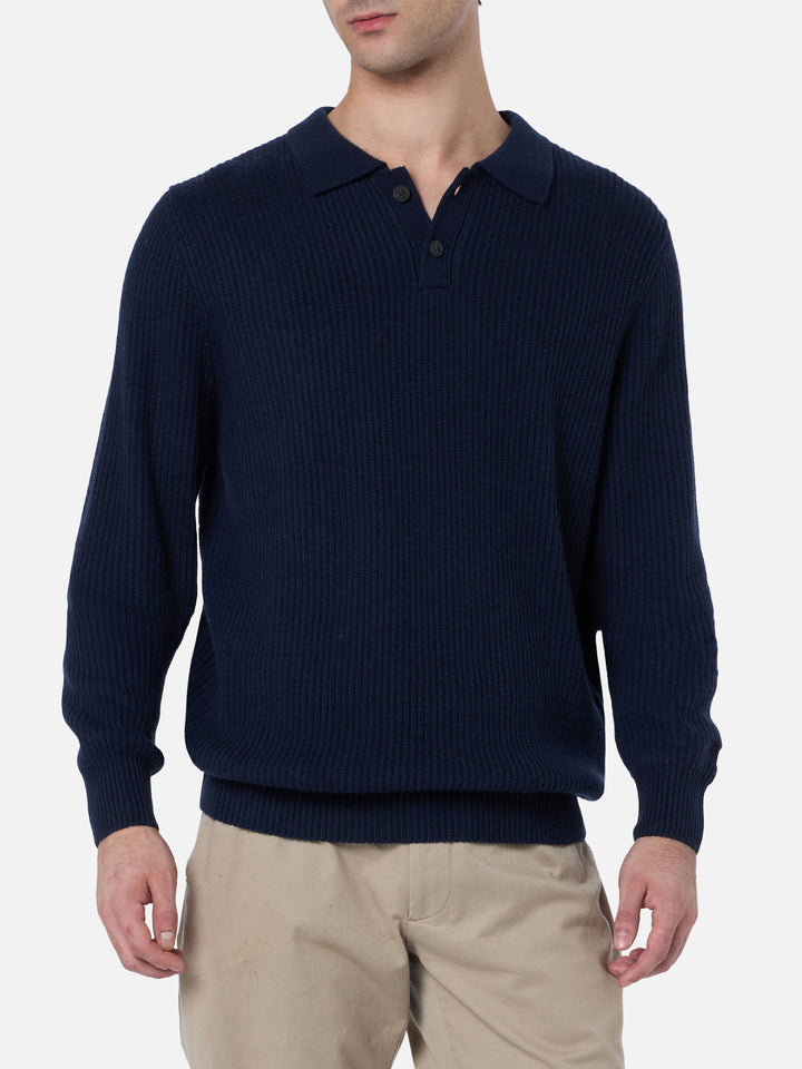 Man navy blue cashmere blend ribbed sweater Downing with buttoned collar - MC2 Saint Barth
